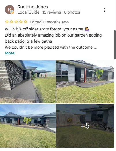 Original five-star Google review screenshot from Raelene Jones with garden edging, patio and paths feedback