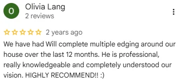 Original five-star Google review screenshot from Olivia Lang with garden edging feedback