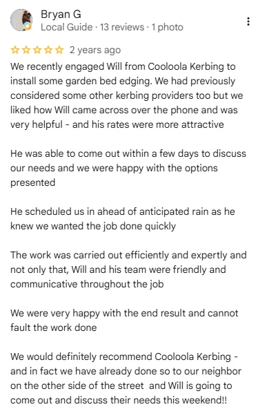 Original five-star Google review screenshot from Bryan G with garden bed edging feedback