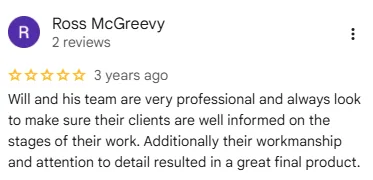 Original five-star Google review screenshot from Ross McGreevy with workmanship and communication feedback