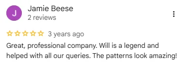 Original five-star Google review screenshot from Jamie Beese with decorative edging feedback